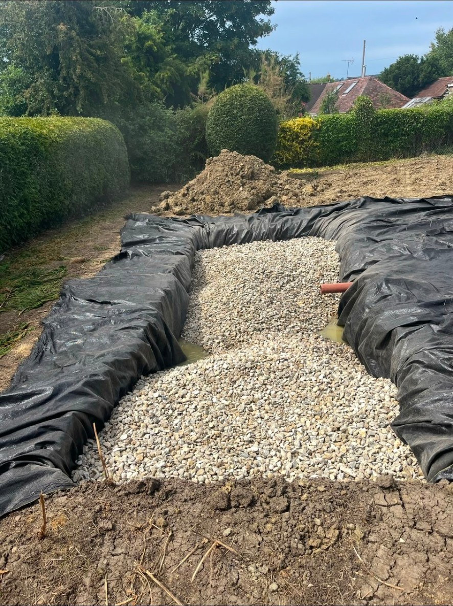 Groundworks showing excavated land with geo-textile membrane and aggregate sub-base installation.