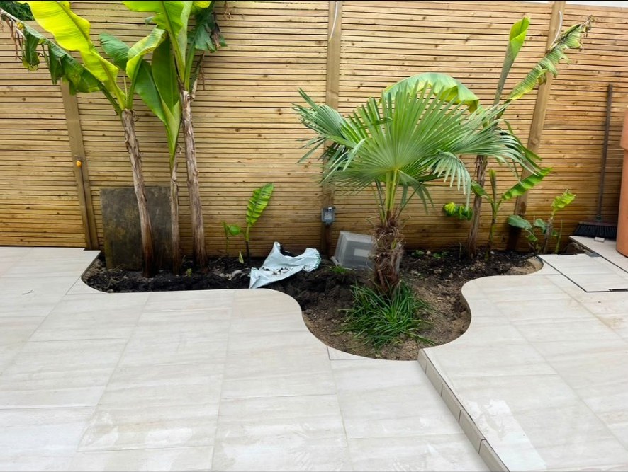 Contemporary ivory porcelain patio with curved edges, slatted timber fencing and tropical plants.